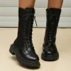 Buty czarne buty bojowe skórzane dla kobiet 2023 jesień zima bez poślizgu motocyklowe buty kobiety platforma modowa kostki botas mujer