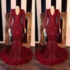 Prom Red Mermaid Dresses Deep V Neck Long Sleeve Ruffles Lace Beads Evening Gowns Vestido De Fiesta Formal Pageant Dress estido