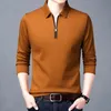 Smart Casual Mens Solid Polo Shirt Spring herfst herfst lange mouw zipper kraag zakelijke mode losse polos tops kleding 240323