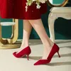 Dress Shoes Chinese Style Suede 2024 Wedding Win Red Pearl Bowknot Stiletto High Heels Pumps Single Pointed Toe