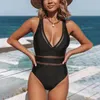 Kvinnors badkläder Sexig V-ringningsnät Baddräkt One Piece Hollow Out Women Black Pushup Bathing Suits Plunging Monokini Summer Beachwear 2024