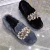 Sapatos casuais mulheres negras mocassins sola grossa mocassins cristal inverno quente neve peludo alpercatas rasteiras