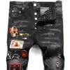 Trendy Fashionable Multiple Holes and Badges Embroidered with Black Paint, Elastic Slim Fit Jeans for Men