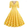 Parti Elbiseleri Polka Dot Baskılı Yaz Kadınlar Günlük Vintage Elbise Kısa Kol V Boyun Bir çizgi salıncak pimi rockabilly sundress 50s 60s