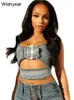 Sexy Stretch Denim Two Piece Set Women Sexy Buckle Spaghetti Straps Hollow Out Camisole Crop Tops Bodycon Mini Skirts Jeans Suit 240315