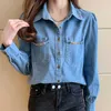 Kvinnors t-shirt WXW3117 Spring och Autumn Blue Coat Denim Shirt Womens Långärmade jeans Kvinnor Slim Fit Pocket Short Sleeved Top och Top 240323