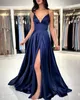 Navy blue a line prom dress spaghetti evening dresses elegant dresses thigh split v neck satin bridesmaid dresses for special occasions