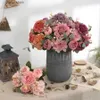 Faux Floral Greenery Artificial Flowers Retro Silk Rose Bouquet Hydrangea Peony Vintage Bride Holding Fake Plants Home Wedding Decoration Accessories Y240322