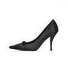 Dress Shoes Black Satin Square Toe Rhinestone Stiletto Pumps Shallow Bow High Heel Sexy Women Zapatos Mujer Primavera Verano