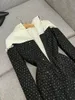 2024 Autumn Black Contrast Color Panelled Beading Tweed Dress Long Sleeve Lapel Neck Rhinestone Short Casual Dresses H4M211628