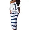 Work Dresses Fanbety Women Sexy Off Shoulder Two Piece Sets Dress Boat Anchor Print Shirts Striped Lady Casual Ankle-Length