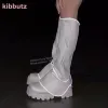 Botas luminosas grossas de joelho de fundo alto plataforma plataforma genuína couro sólido branco quadrado de pé traseiro zíper moda novidade feminina sapatos