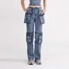 Dżinsy i spodnie dla kobiet 2024 Spring Nowy modny design z patchworkowymi kieszeniami wysokiej talii prostej nogi