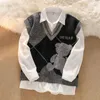 Mignon ours imprimé col en V sans manches Style Preppy tricoté pull gilet coréen automne hiver lâche Argyle pull 240304