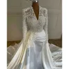 Aso Ivory Arabic Ebi Mermaid Wedding Dress Pearls Long Sleeves Satin Luxurious Bridal Gowns Dresses ZJ es