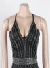 Lässige Kleider Kricesseen Sparkle Black Rhinestones Sheer Mesh Langes Maxikleid Sommer Luxus Frau Cocktail Party Prominente Outfits