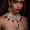 Pendant Necklaces Woman Red Multi Row Rhinestone Water Drop Choker Necklace Collar Jewelry For Girl Luxury Crystal Clavicle Chain