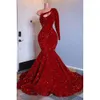 One Shoulder Red Sequins Mermaid Prom Dresses Long Sleeve Ruched Evening Gown Plus Size Formal Party Wear Gowns s