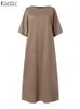 ZANZEA Mulheres Cor Sólida Maxi Vestido de Férias de Verão Solto Praia Sundress Meia Manga ONeck Robe Casual Moda Elegante Vestidos 240308