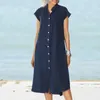 Casual Dresses Dress for Women Summer Lady Solid Short Sleeve Button Down Shirt TurnDown Collar Pocketed Fit Cotton