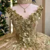 Glitzerndes Champagner-Gold-Ballkleid Quinceanera-Kleid 2024 aus der Schulter mit Perlenapplikation, Geburtstagsfeier, süßes Kleid für 15 Jahre