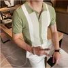 Kontrast stickad stripe polo skjorta brittiska män mode kort ärm polo skjorta camisa maskulina polo playera hombre s-3xl 240408
