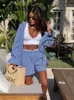 Nlzgmsj Vintage Blauw Gestreept Chic Vrouwen Pak Single Breasted Kraag Blouse Losse Shorts Herfst Vrouwelijke Set 240312