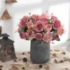 Faux Floral Greenery Artificial Flowers Retro Silk Rose Bouquet Hydrangea Peony Vintage Bride Holding Fake Plants Home Wedding Decoration Accessories Y240322