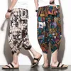 Летние мужские повседневные брюки-капри с широкими штанинами и пляжным цветочным принтом, свободные большие брюки в китайском стиле