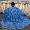 Sky Blue Shiny Off The Shoulder Quinceanera Dress Ball Gown Tulle Lace Applique Beads16th Birthday vestido de charra 15 anos