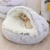 Kattbäddar möbler liten plysch sovsäck mjuk cirkulär bekväm och varm i vinter cirkulär semi innesluten hundbo lång plysch husdjurs säng y240322