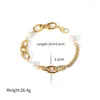 Strand Minar Dainty Natural Freshwater Pearl Wide Link Chain Armband For Women 18K Gold Pvd Plated rostfritt ståltillbehör