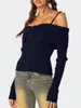 Damenpullover, schulterfreier Damenpullover, kalter Button-Down-Crop-Top, Y2k-Strick, Herbst