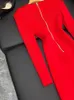 2024 Spring Red Solid Color Knitted Pencil Dress Long Sleeve V-Neck Panelled Zipper Midi Casual Dresses O4M211001