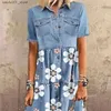 Basic Casual Dresses New formal occasion womens dress 2023 long solid denim pleated short sleeved shirt dress Q240322