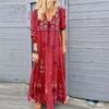 Abiti casual con scollo a V, taglia da donna, stampa Boho, maxi abito a maniche lunghe, polsini elasticizzati e ricami comodi e larghi