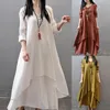 Casual Dresses 2024 Summer Dress Women Cotton Linen Pocket For Streetwear Button O-neck Loose Solid Asymmetric