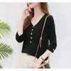 Women's Sweaters 2024 Elegant Solid Color V-neck Spring And Autumn Fashion Versatile Casual Button Up Split Sleeve Loose Knitted Tops