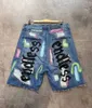 Herrshorts högkvalitativa hiphop broderade trasiga vintage tunga hantverksjeans för män shorts J240322