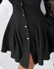 Casual Dresses Women's Shirt Slå ner krage långärmad miniklänning 2024 mode blommor mönster ren mesh patch -knapp