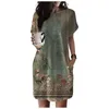 Casual Dresses Vintage Floral for Women 2024 Summer Short Sleeve Printing Tshirt Tunic Dress Loose Kne Length With Pockets Robe