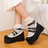 Klänningskor Pxelena stor storlek 34-45 Lolita Platform Creepers Women Wedge High Heels Cosplay Mary Janes Ruffles Punk Gothic Pumps 2024