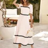 Casual Dresses Summer For Women 2024 Women's Square Neck Short Puff Sleeve Dress RIC Rac Tie Smocked A Line Flowy Maxi