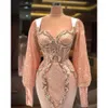 Size Arabic Plus Aso Ebi Luxurious Mermaid Sexy Prom Dresses Peach Pink Lace Beaded Long Sleeves Evening Formal Party Second Reception Gowns Dress