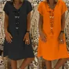 Abiti casual di base 2023 Nuovo vestito retrò da donna tinta unita scollo a V manica corta spiaggia lunghezza al ginocchio abito ampio elegante abito estivo Versidos Robe Q240322