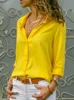 Mulheres elegante sólido chiffon blusa primavera verão casual manga longa com decote em v camisa solta escritório senhora túnicas oversized topos 240321