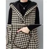 Women's Vests Thick Wool Waistcoat Jacket Women Loose Long Casual Houndstooth 2024 Spring Fall Hooded Vest Female Outwear