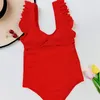 ملابس السباحة للسيدات Red Bikini Ruffles Swimsuit قطعت من قطعة واحدة مثيرة نساء شاطئية الزي الصغير مجموعات البيكيني