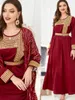 Vêtements ethniques Moyen-Orient Indonésie Femmes Col rond Broderie Bronzage Ceinture Robe à manches longues Cardigan Robe Ensemble deux pièces