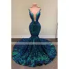 Sparkly Dark Green Sequin Long Prom Party Dresses Sleeveless African Black Girls Mermaid Formal Evening Gala Gowns Custom